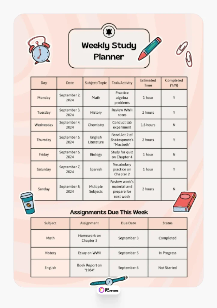 Pink Retro Weekly Study Planner A4 Document
