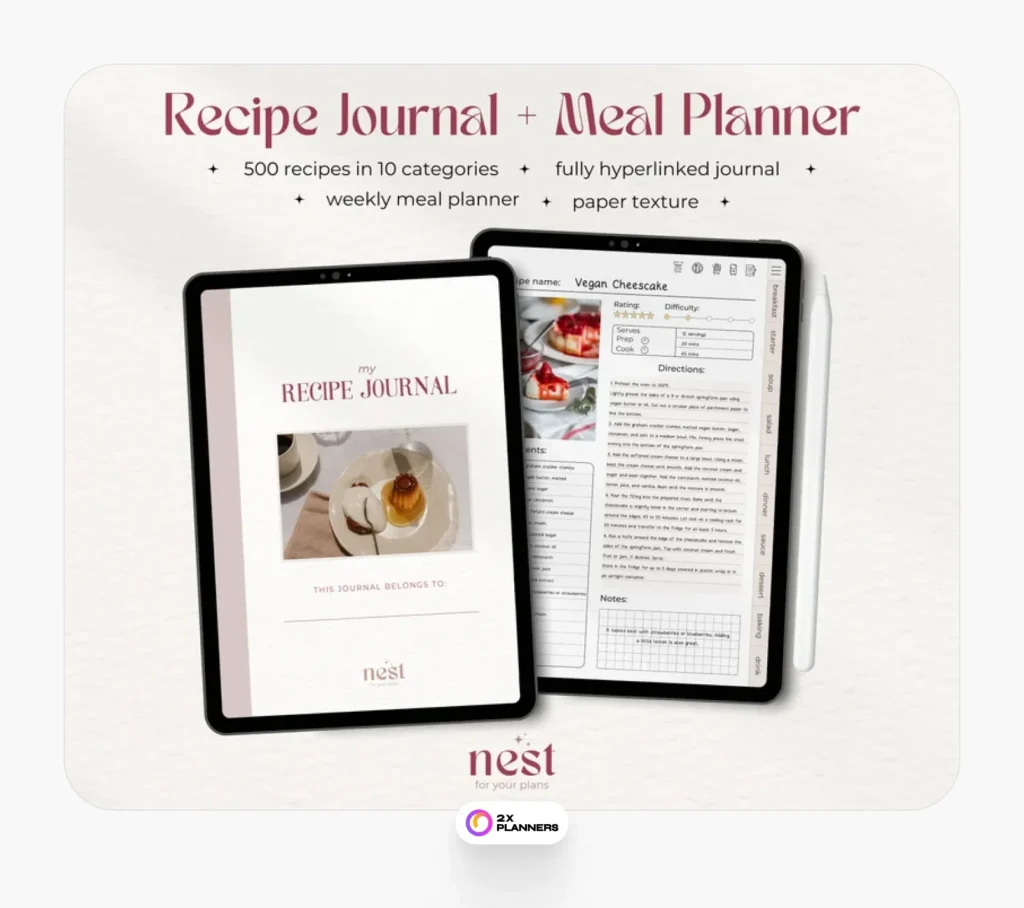 Digital recipe book | GoodNotes meal planner with paper texture