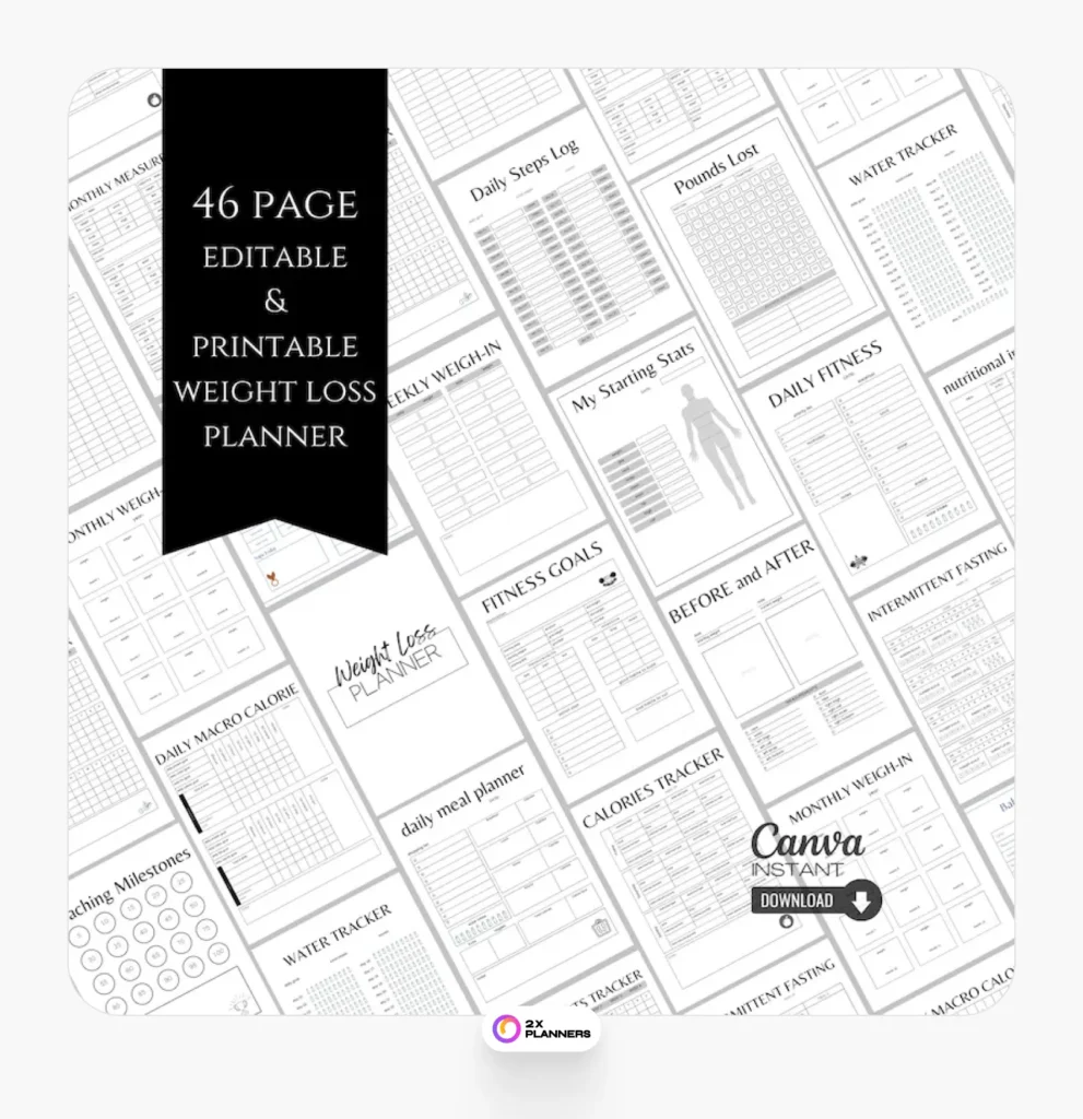 Printable weight loss planner: 46-page fitness journal